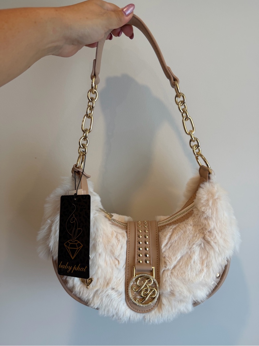 🤍Baby Phat~Cream Faux Fur Shoulder Bag with Gold Accents